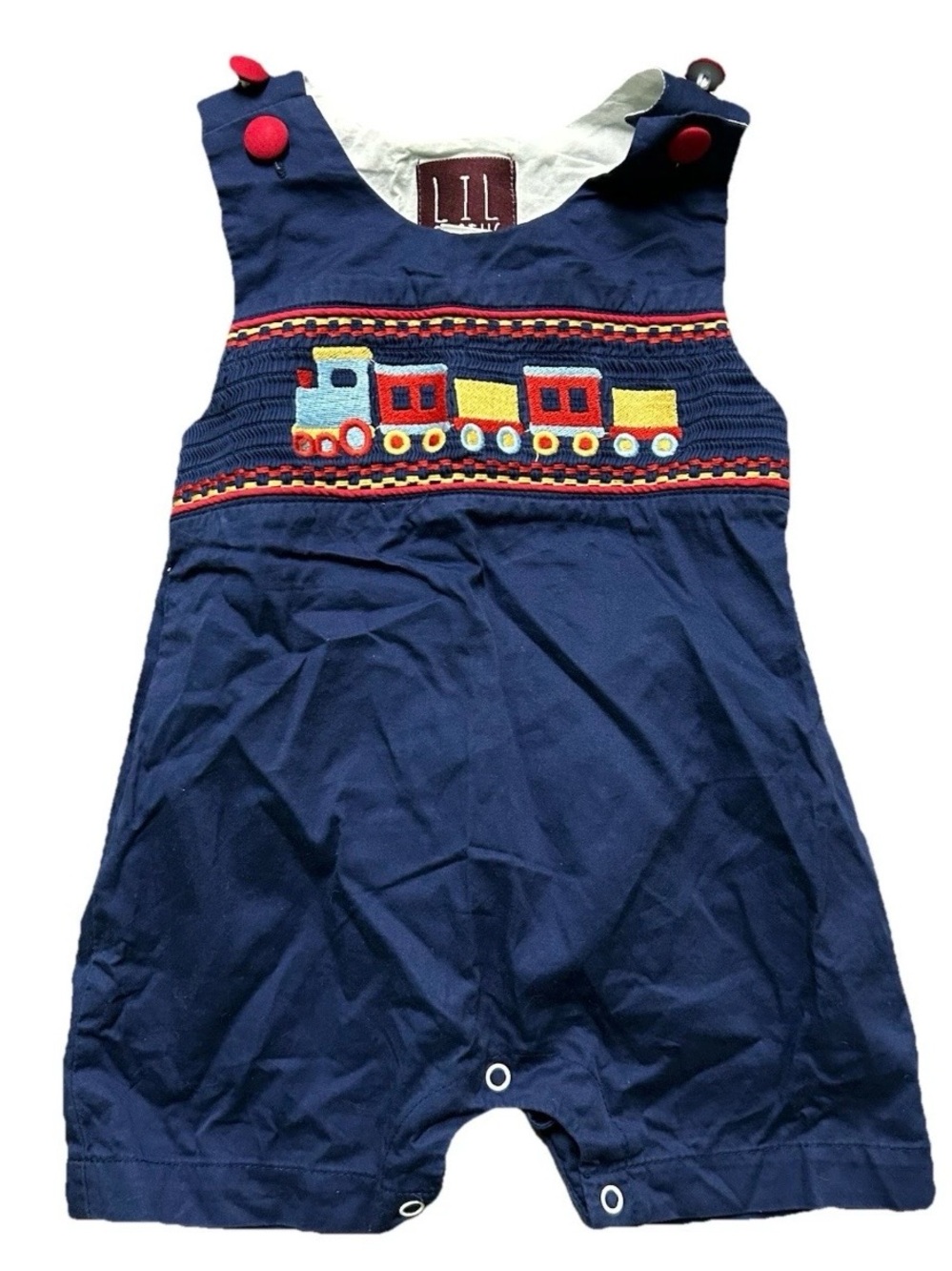 Baby Boy Navy Blue Smocked Overalls Red Yellow Blue Train Size 6-12 Months